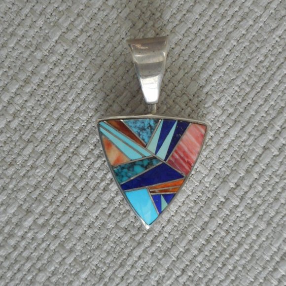 Reversible Inlay Native American Pendant Triangle Shape Sterling Silver Stone